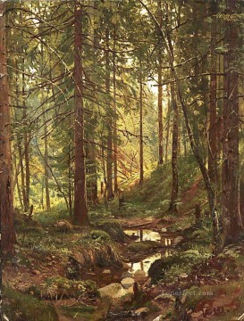 風景 Painting - 森の斜面の小川 1880 年の古典的な風景 イワン・イワノビッチの木々